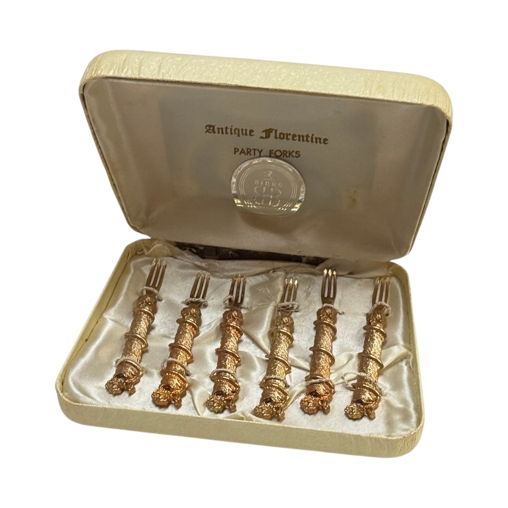 Birks Antique Florentine Party Forks Gold Tone Set of 6 Vintage MCM, circa 1950s